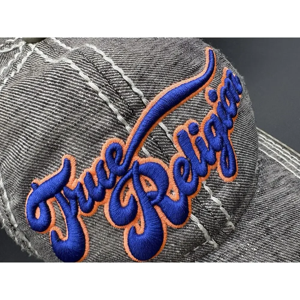 TRUE RELIGION Vtg Distressed Grey Leather Strap With Visor Thrd Stitches Hat